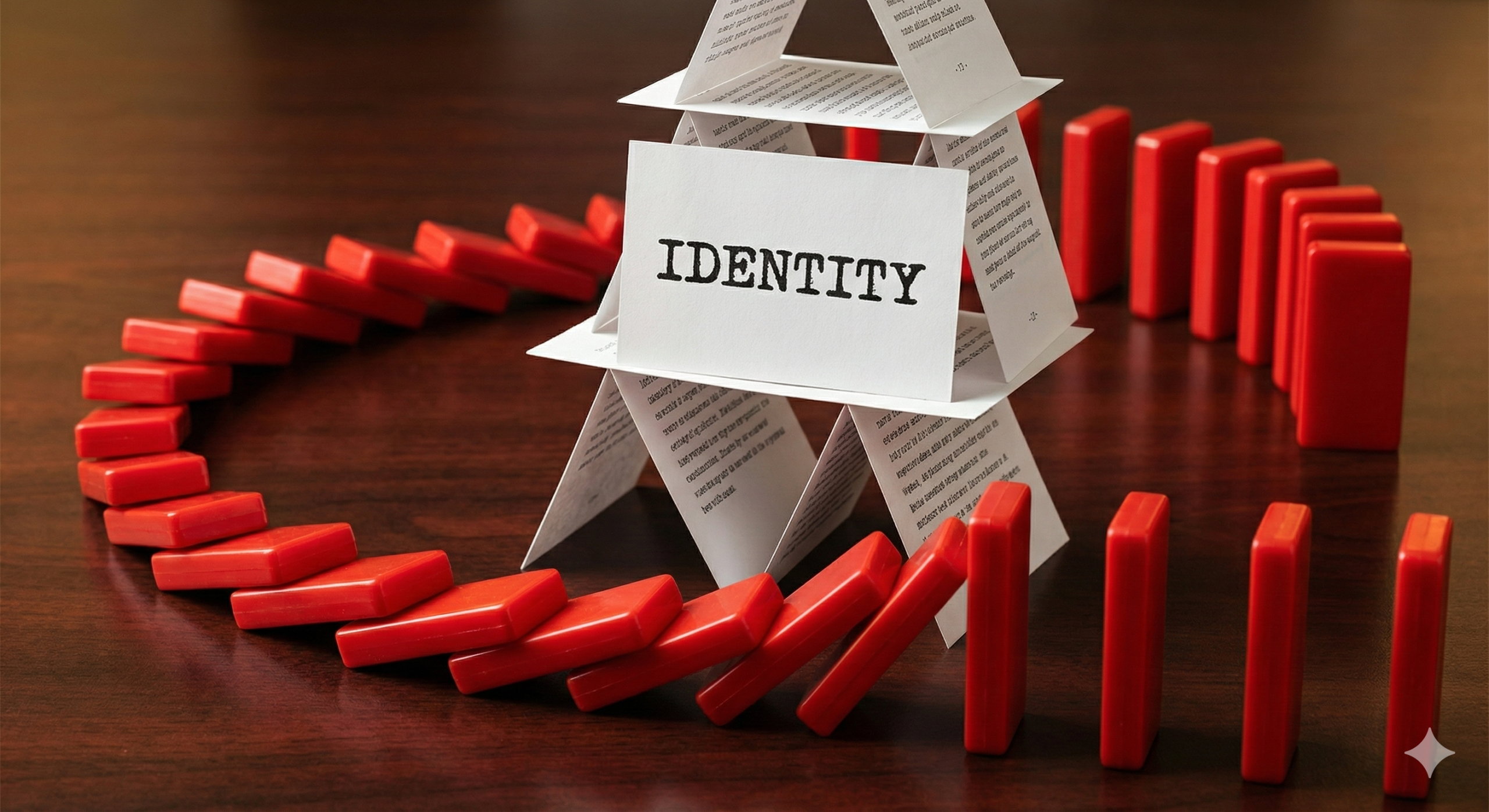 A photorealistic close-up of a fragile house of cards structure on a dark, polished mahogany desk. The "cards" are made from white manuscript pages with blurry typewriter text. The central, front-facing paper card has the word "IDENTITY" typed in bold, black letters. Winding around the paper house is a line of bright, glossy red dominoes. The back half of the domino line has already fallen into a messy pile of debris. The action is frozen in time, showing a red domino tilting and mere millimeters away from crashing into the base of the "IDENTITY" paper house, which would cause it to collapse. The lighting is warm and dramatic, highlighting the contrast between the red, white, and dark wood textures.A house of cards labeled IDENTITY stands in the center of a circle of red dominoes on a wooden table, with some dominoes beginning to fall toward the cards.
