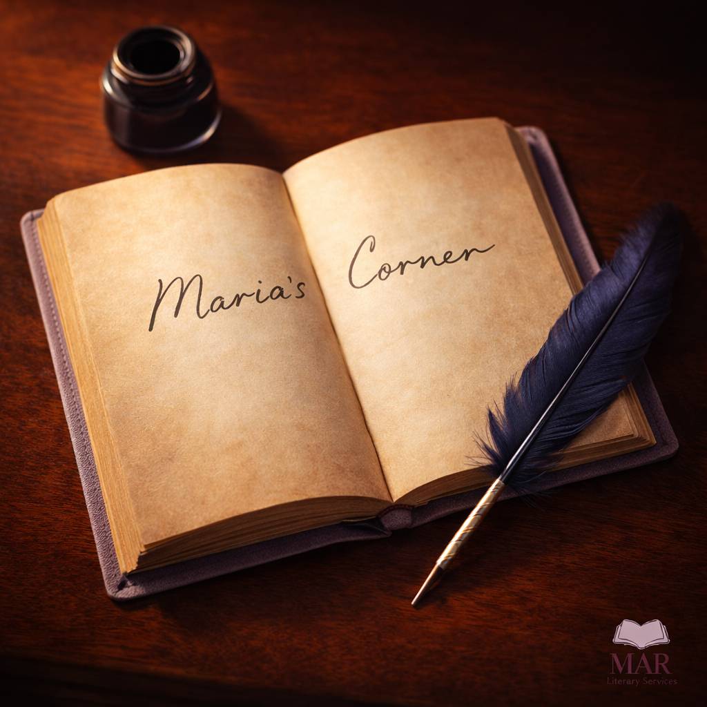 Open leather journal on a dark wooden desk with handwritten “Maria’s Corner,” a blue quill, and an inkwell in soft lighting.