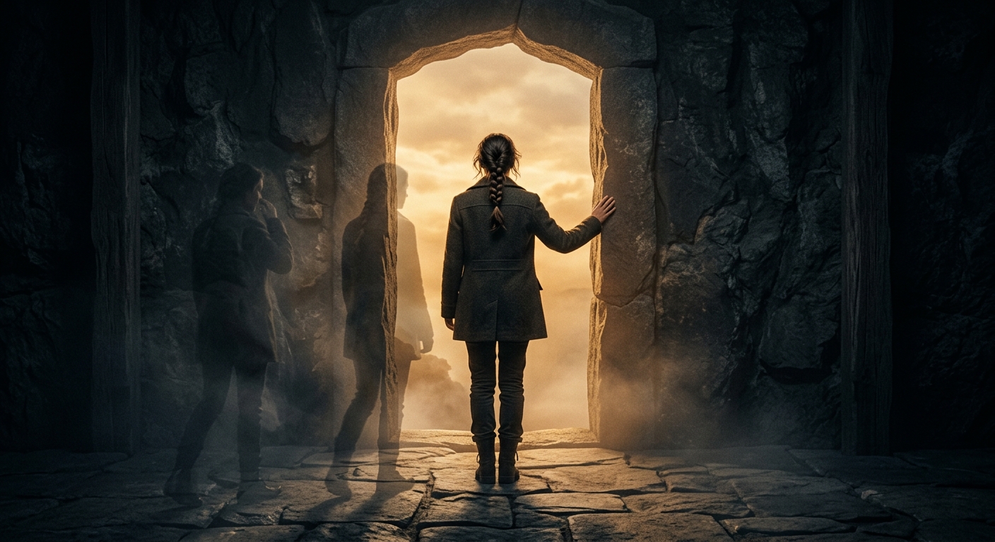 A person stands in a stone doorway, facing a glowing sunset sky, with two faded figures behind them, suggesting movement or different moments in time. Mist and warm light fill the scene, creating a sense of mystery and adventure.
